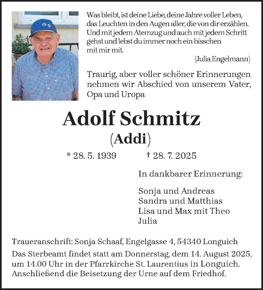  Traueranzeige für Adolf Schmitz vom 09.08.2025 aus trierischer_volksfreund