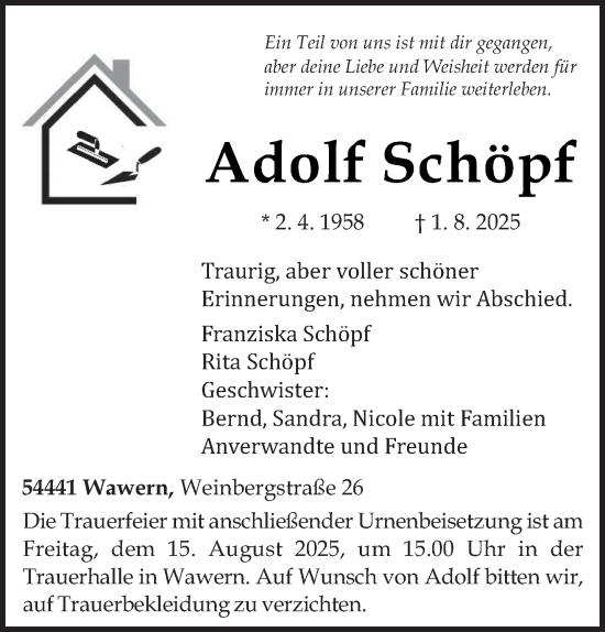Traueranzeige von Adolf Schöpf von trierischer_volksfreund