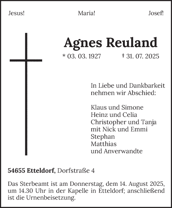 Traueranzeige von Agnes Reuland von trierischer_volksfreund