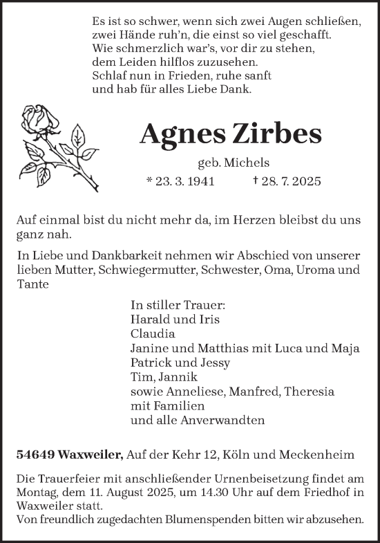 Traueranzeige von Agnes Zirbes von trierischer_volksfreund
