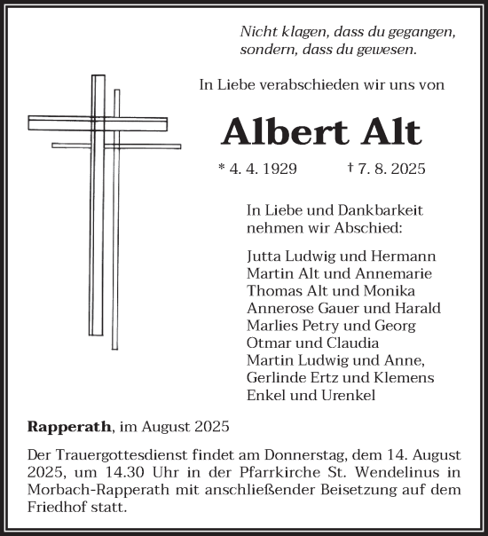 Traueranzeige von Albert Alt von trierischer_volksfreund