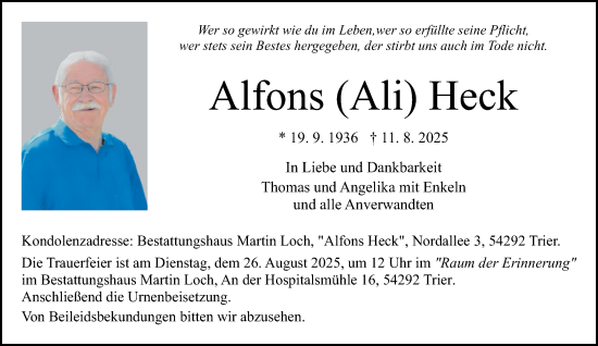 Traueranzeige von Alfons Heck von trierischer_volksfreund