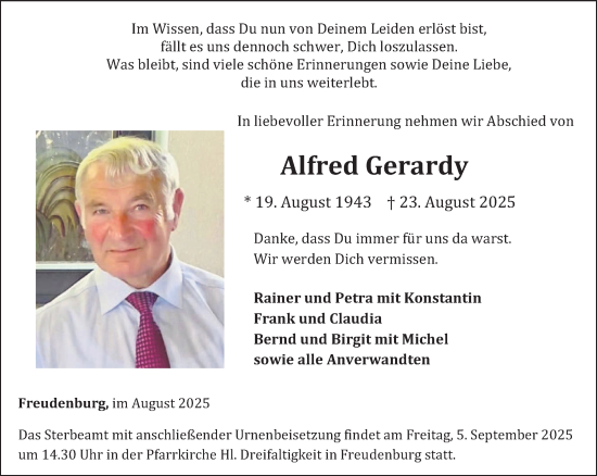 Traueranzeige von Alfred Gerardy von trierischer_volksfreund