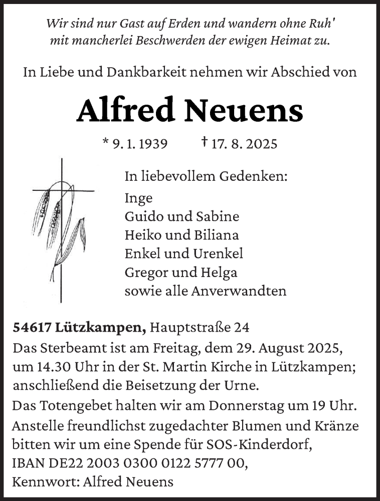  Traueranzeige für Alfred Neuens vom 23.08.2025 aus trierischer_volksfreund
