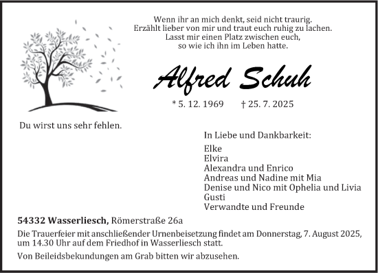 Traueranzeige von Alfred Schuh von trierischer_volksfreund