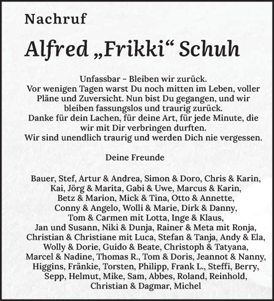 Traueranzeige von Alfred Schuh von trierischer_volksfreund