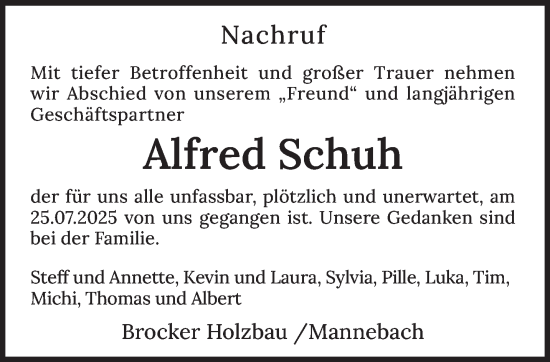 Traueranzeige von Alfred Schuh von trierischer_volksfreund