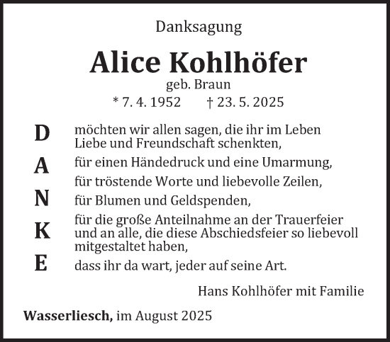 Traueranzeige von Alice Kohlhöfer von trierischer_volksfreund