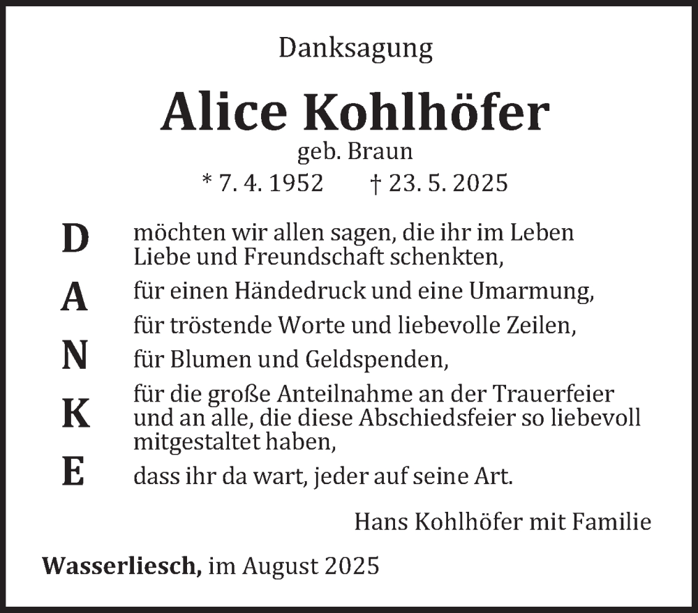  Traueranzeige für Alice Kohlhöfer vom 02.08.2025 aus trierischer_volksfreund