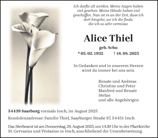 Traueranzeige von Alice Thiel von trierischer_volksfreund