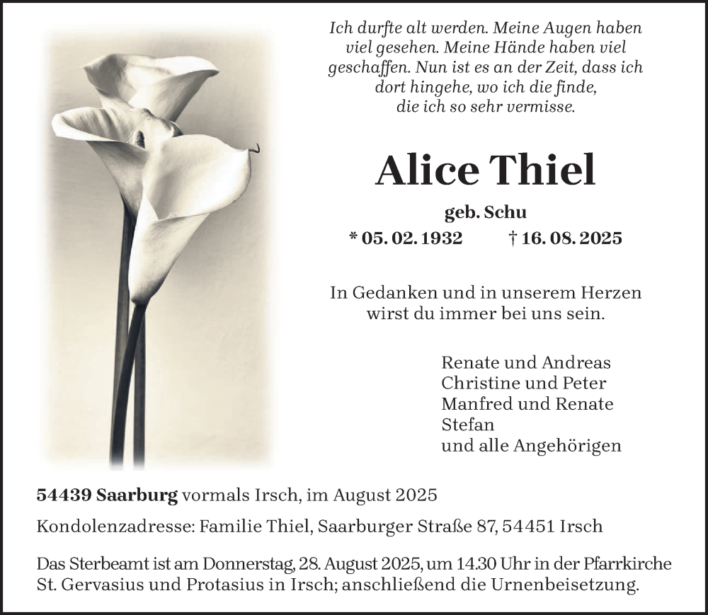  Traueranzeige für Alice Thiel vom 23.08.2025 aus trierischer_volksfreund