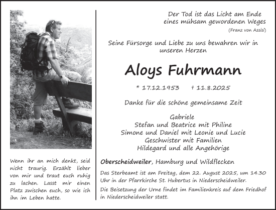 Traueranzeige von Aloys Fuhrmann von trierischer_volksfreund