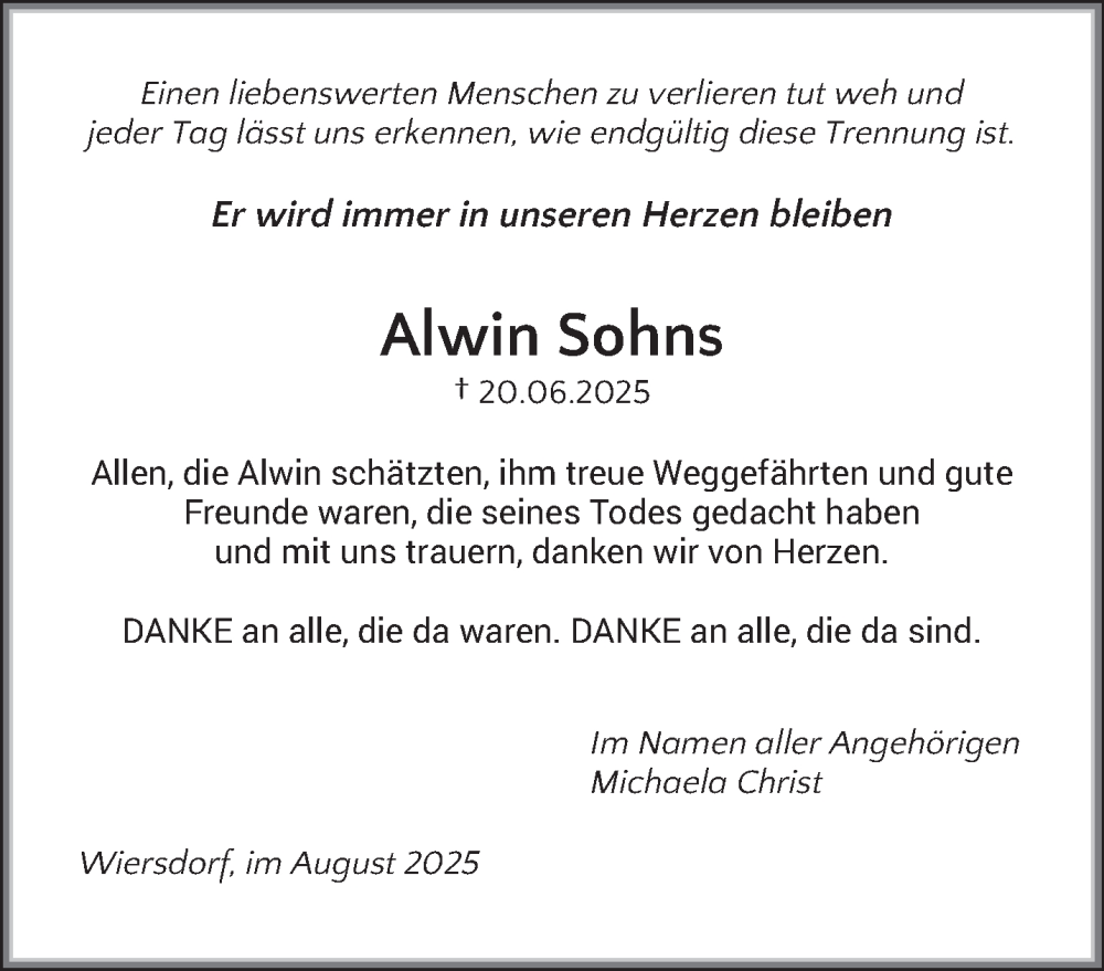  Traueranzeige für Alwin Sohns vom 16.08.2025 aus trierischer_volksfreund