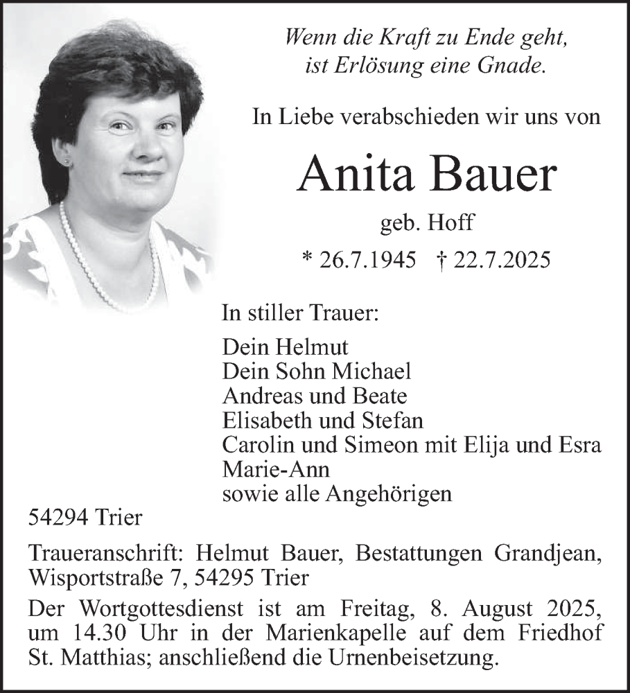  Traueranzeige für Anita Bauer vom 02.08.2025 aus trierischer_volksfreund