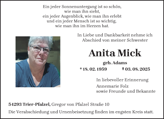 Traueranzeige von Anita Mick von trierischer_volksfreund