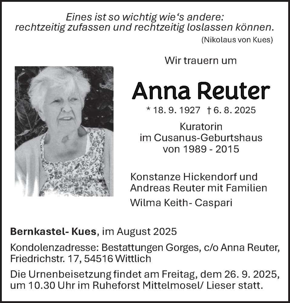  Traueranzeige für Anna Reuter vom 16.08.2025 aus trierischer_volksfreund