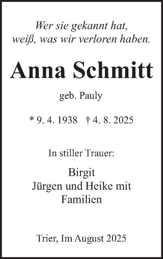 Traueranzeige von Anna Schmitt von trierischer_volksfreund