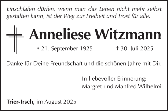 Traueranzeige von Anneliese Witzmann von trierischer_volksfreund