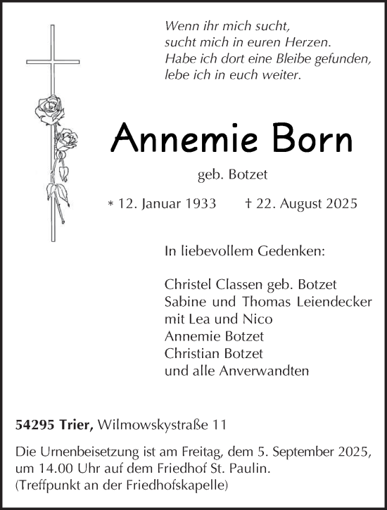 Traueranzeige von Annemie Born von trierischer_volksfreund