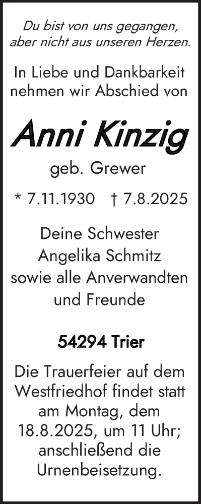 Traueranzeige von Anni Kinzig von trierischer_volksfreund