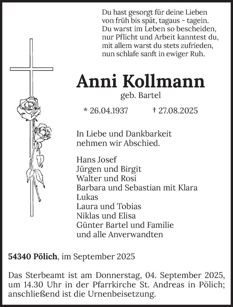  Traueranzeige für Anni Kollmann vom 30.08.2025 aus trierischer_volksfreund