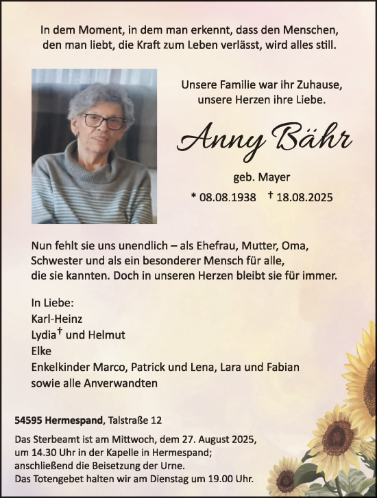 Traueranzeige von Anny Bähr von trierischer_volksfreund