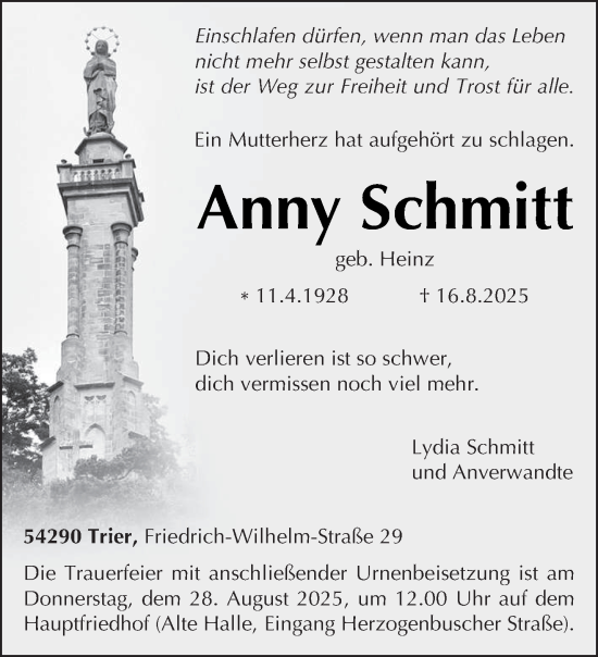 Traueranzeige von Anny Schmitt von trierischer_volksfreund