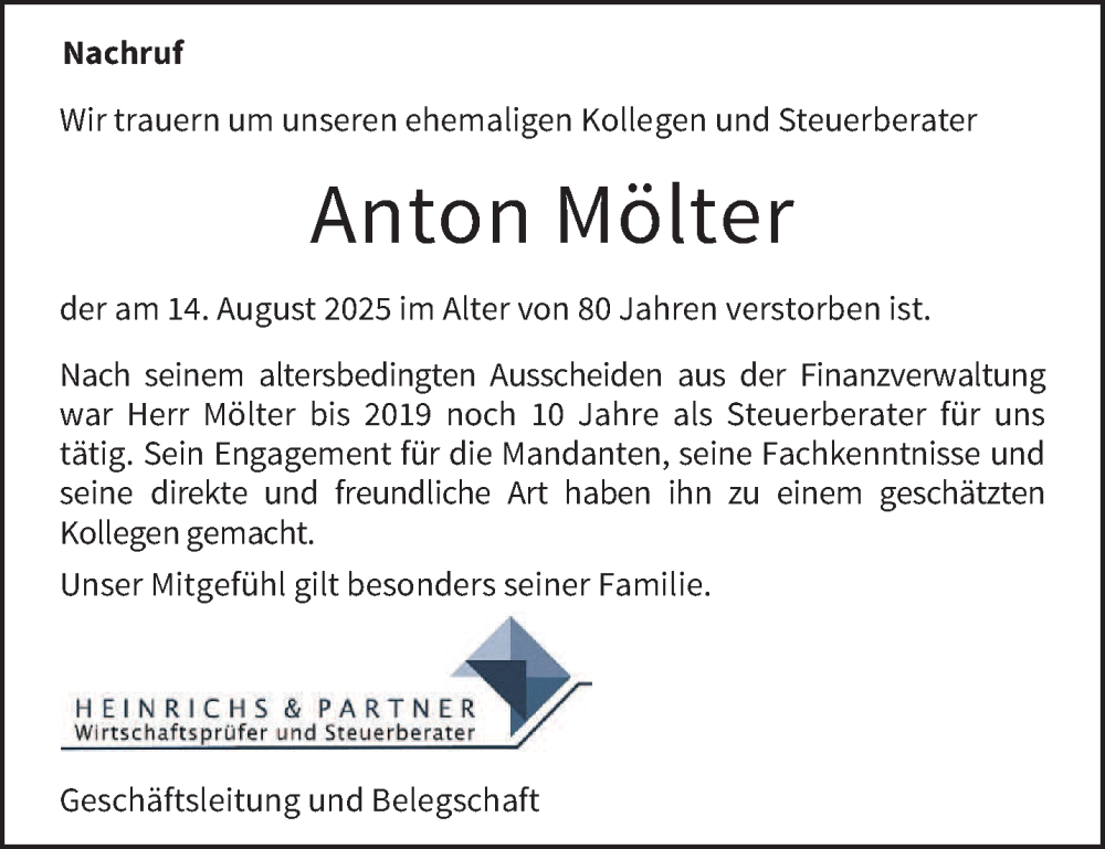  Traueranzeige für Anton Mölter vom 23.08.2025 aus trierischer_volksfreund