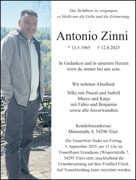 Traueranzeige von Antonio Zinni von trierischer_volksfreund
