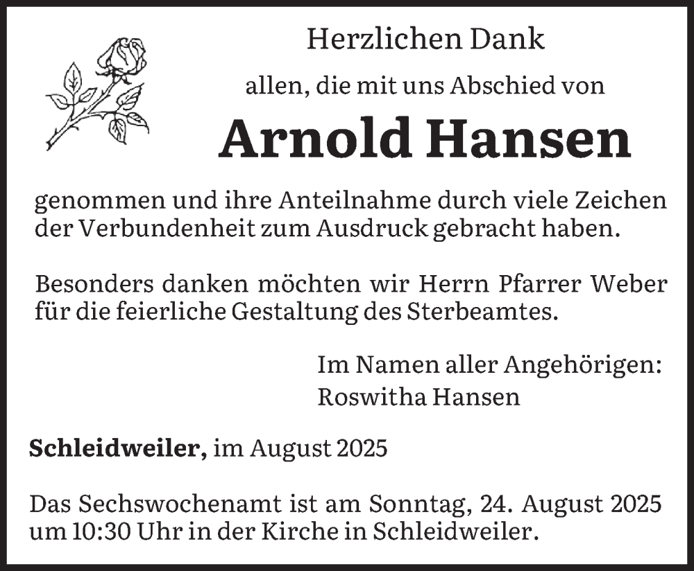  Traueranzeige für Arnold Hansen vom 16.08.2025 aus trierischer_volksfreund