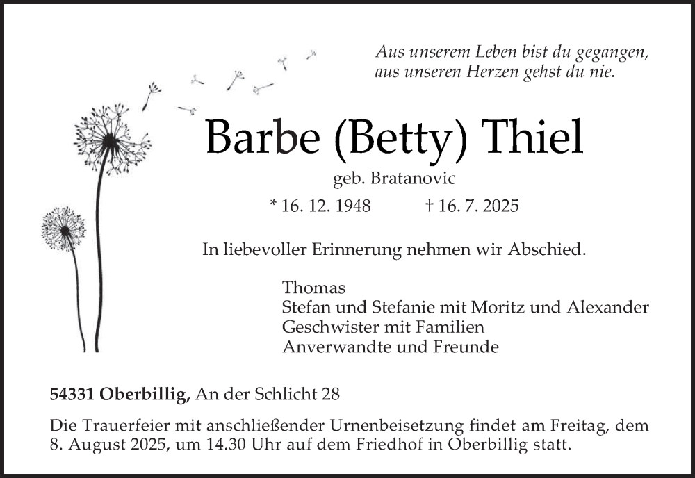  Traueranzeige für Barbe Thiel vom 02.08.2025 aus trierischer_volksfreund