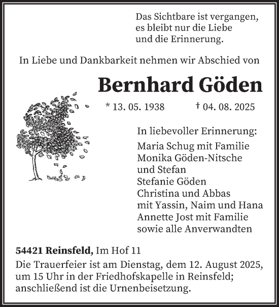 Traueranzeige von Bernhard Göden von trierischer_volksfreund
