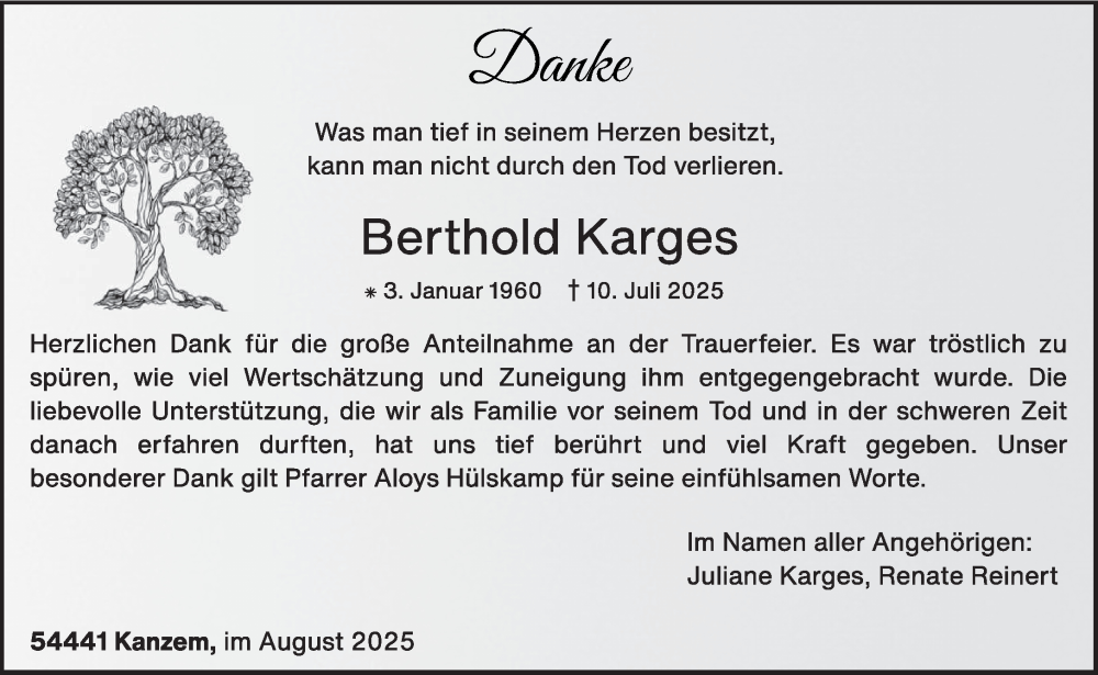  Traueranzeige für Berthold Karges vom 09.08.2025 aus trierischer_volksfreund