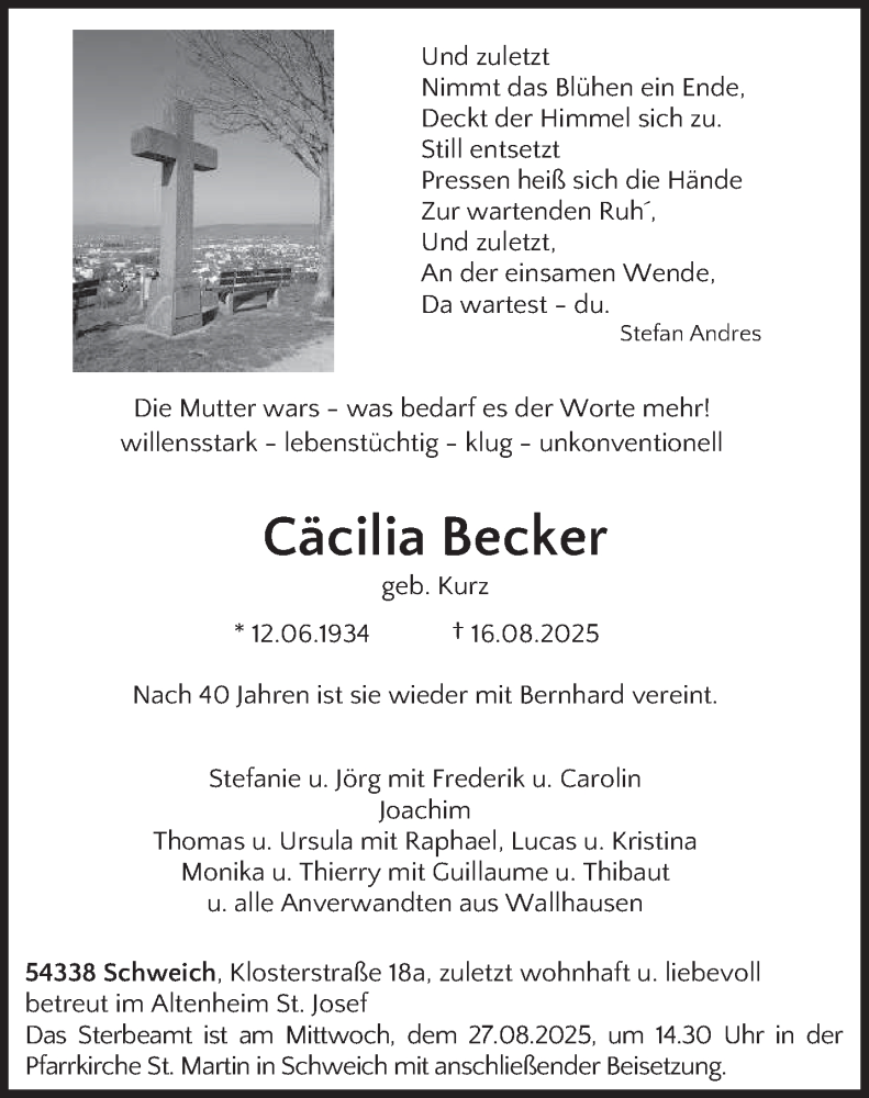  Traueranzeige für Cäcilia Becker vom 23.08.2025 aus trierischer_volksfreund