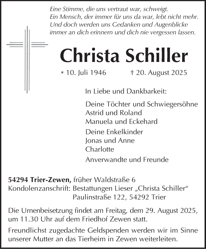  Traueranzeige für Christa Schiller vom 26.08.2025 aus trierischer_volksfreund