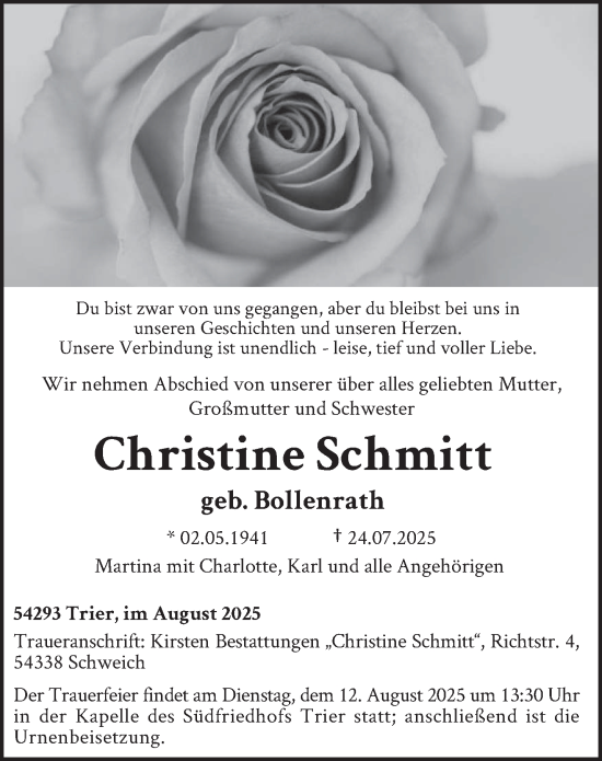 Traueranzeige von Christine Schmitt von trierischer_volksfreund