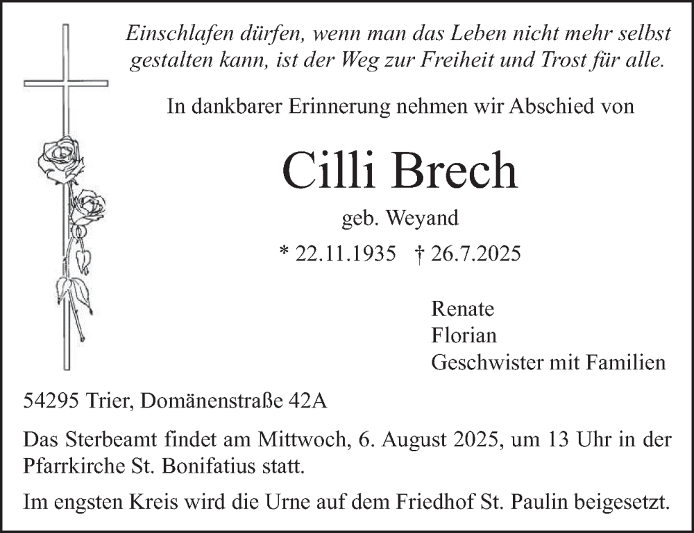  Traueranzeige für Cilli Brech vom 02.08.2025 aus trierischer_volksfreund