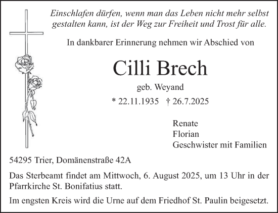 Traueranzeige von Cilli Brech von trierischer_volksfreund