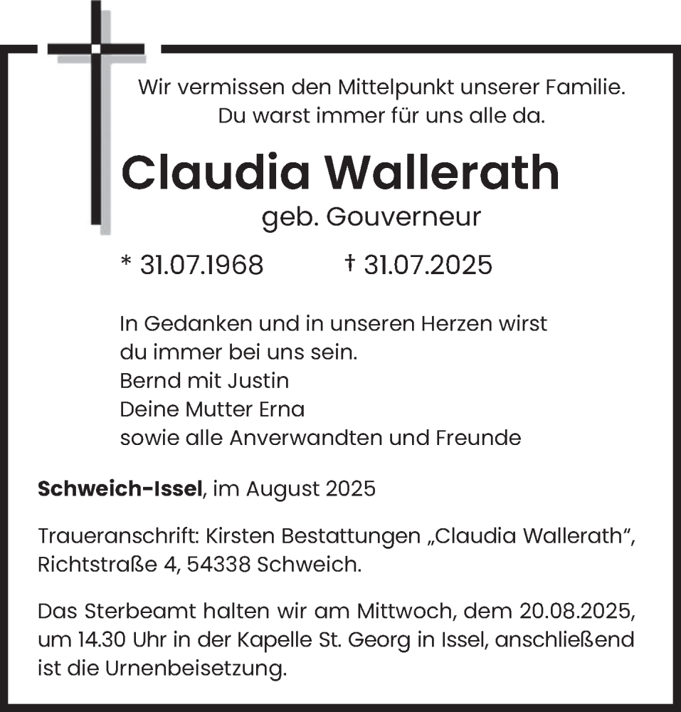  Traueranzeige für Claudia Wallerath vom 09.08.2025 aus trierischer_volksfreund