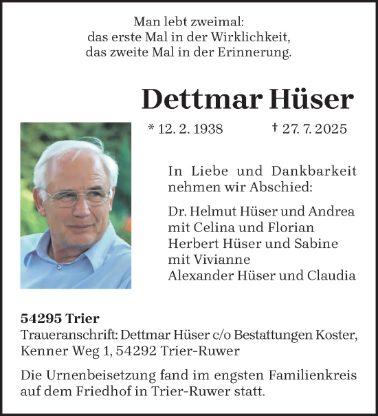 Traueranzeige von Dettmar Hüser von trierischer_volksfreund