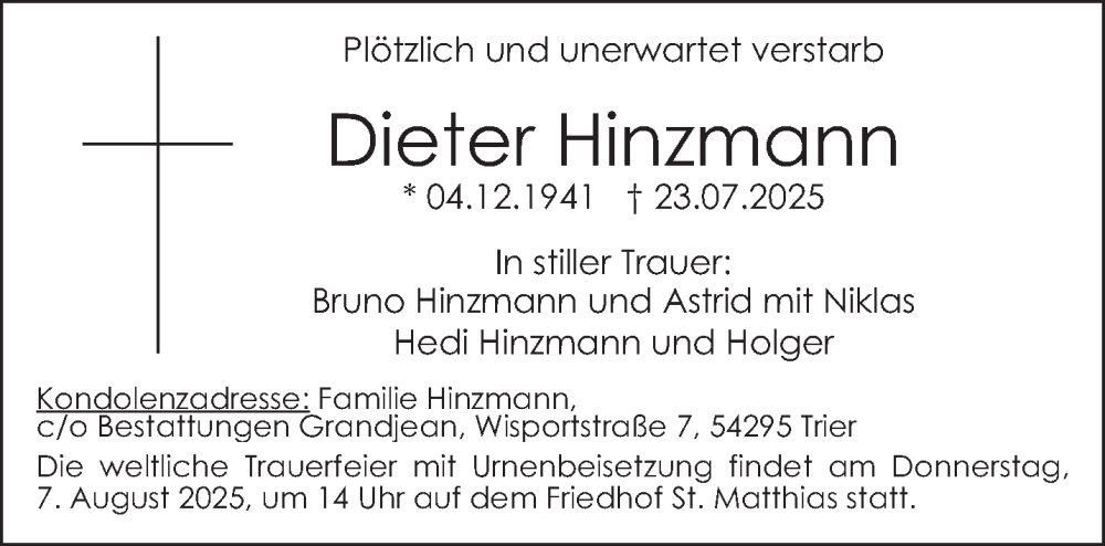  Traueranzeige für Dieter Hinzmann vom 02.08.2025 aus trierischer_volksfreund