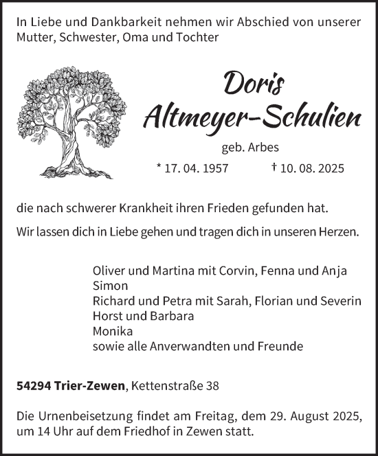 Traueranzeige von Doris Altmeyer-Schulien von trierischer_volksfreund