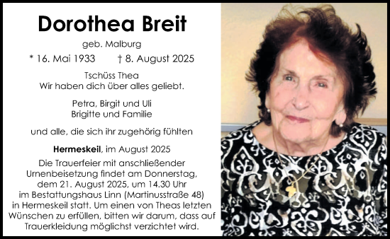 Traueranzeige von Dorothea Breit von trierischer_volksfreund