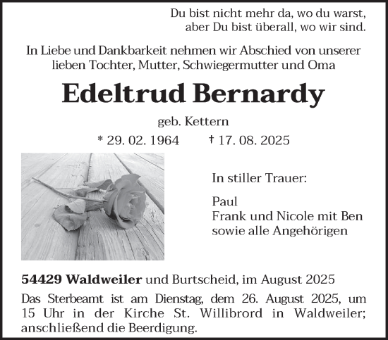 Traueranzeige von Edeltrud Bernardy von trierischer_volksfreund