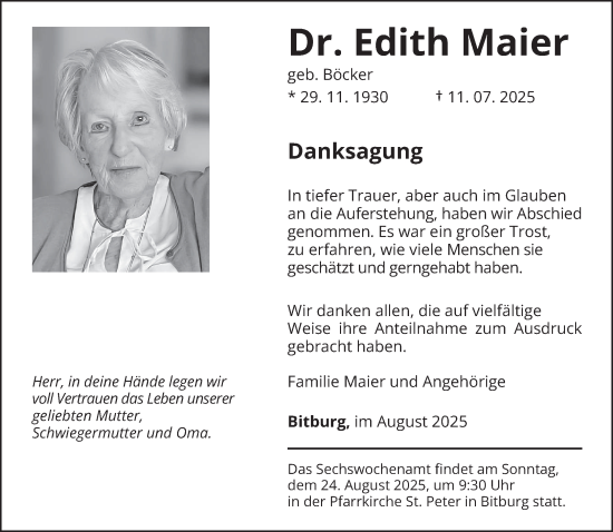 Traueranzeige von Edith Maier von trierischer_volksfreund