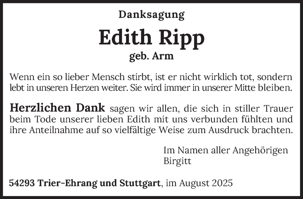  Traueranzeige für Edith Ripp vom 30.08.2025 aus trierischer_volksfreund