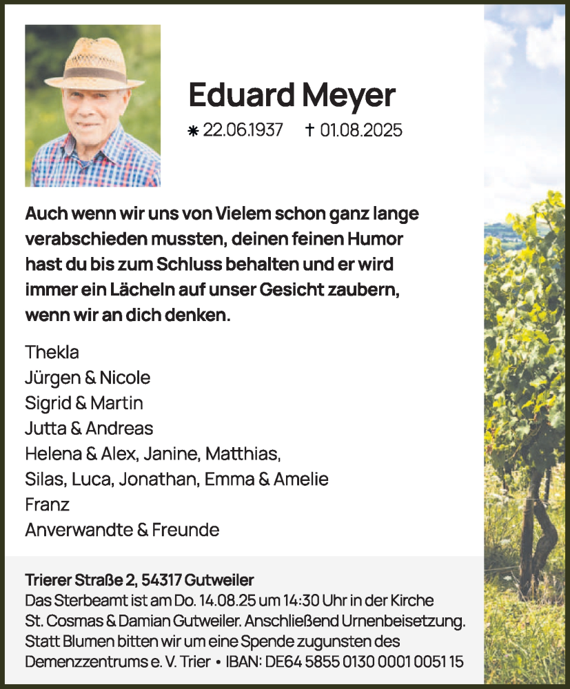  Traueranzeige für Eduard Meyer vom 09.08.2025 aus trierischer_volksfreund