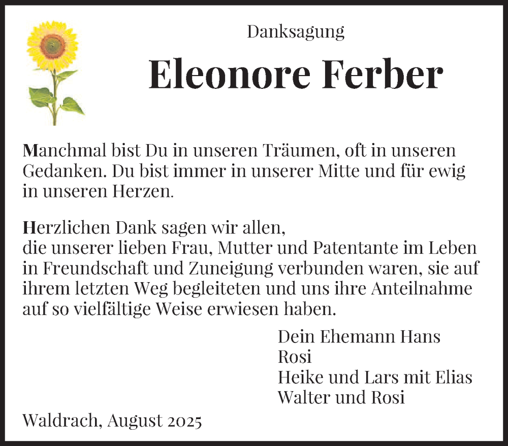  Traueranzeige für Eleonore Ferber vom 16.08.2025 aus trierischer_volksfreund