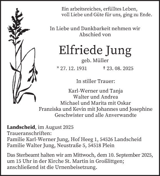 Traueranzeige von Elfriede Jung von trierischer_volksfreund