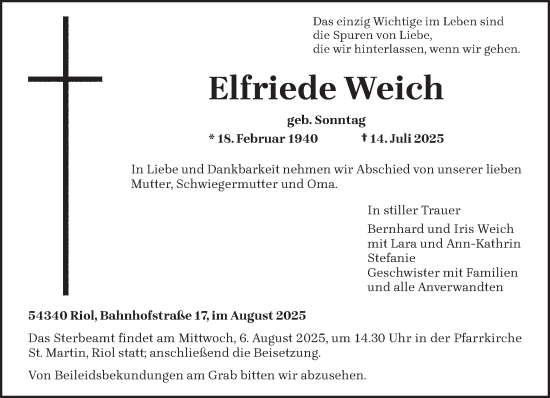 Traueranzeige von Elfriede Weich von trierischer_volksfreund